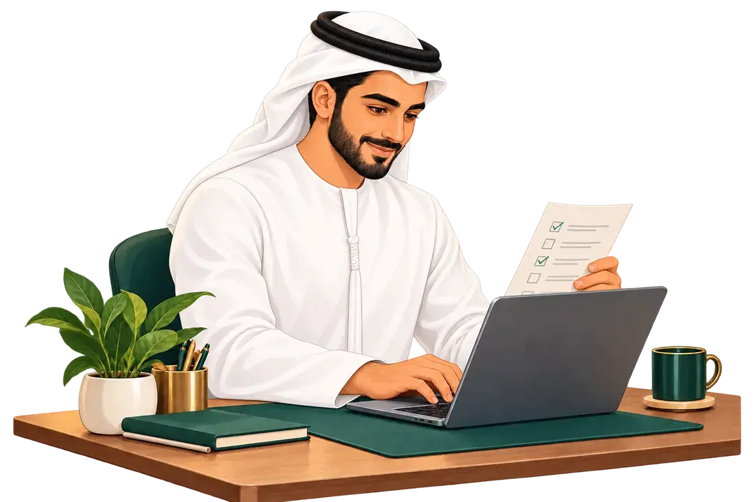 Illustration of a male advisor in Emirati kandura and ghutra checking a document beside a laptop