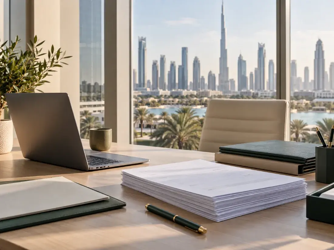 Blank paperwork and a laptop in a workspace overlooking a UAE skyline